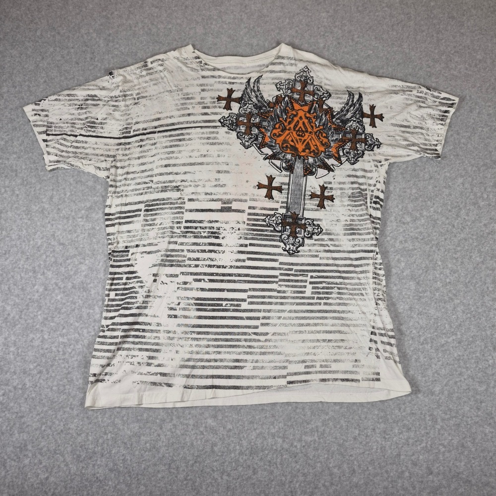 Archaic by Affliction T-Shirt Mens 3XL Cream Cross Wings Graphic Distressed Y2K